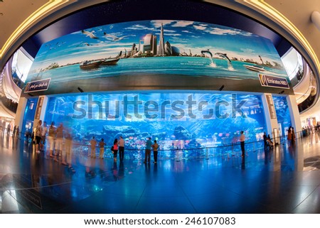 DUBAI, UNITED ARAB EMIRATES - MAY 2: Dubai Aquarium and Under Water Zoo in the shopping mall\'s interior in Dubai on May 2, 2012. The Dubai Mall is the world\'s largest shopping mall.