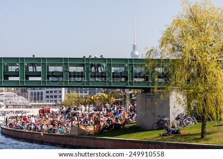 BERLIN, GERMANY - APRIL 12: Exterior view of Berlins buildings on a boat tour on the river Spree in the district Berlin Mitte on April 12, 2009. The Spree is a river that flows through Berlin.