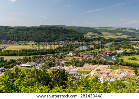 View to the Water Castle, an area where tree big swiss rivers come together near Brugg, Aargau, Switzerland