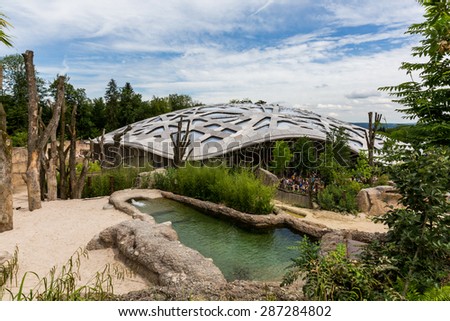 ZURICH, SWITZERLAND - JUNE 13: The new elephant compound in Zurich Zoo on June 13, 2015. The Zurich Zoo supports Kaeng Krachan National Park in Thailand as it protects the animals living there.