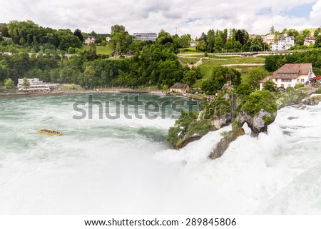 RHEINFALLS, SWITZERLAND - MAY 17: View to the biggest waterfalls of Europe in Schaffhausen, Switzerland on May 17, 2015. They are 150 m (450 ft) wide and 23 m (75 ft) high.