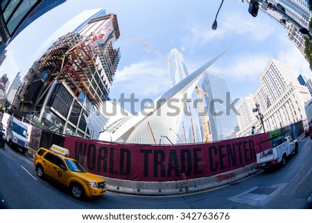 NEW YORK - AUGUST 22: Views to the World Trade Center and Ground Zero construction site in New York on August 22, 2015. Previous World Trade Center was destroyed in the September 11 attacks.