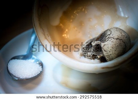 Still Life Skull in Coffee Cup , Danger furtively in Coffee concept,Coffee Addiction