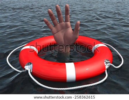 Lifebuoy with drowning hand in ocean