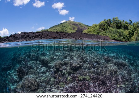 The underwater coral reef growing on an old layer of the lava flow of the volcano. An over under shot displaying both, the underwater and topside of the volcano
