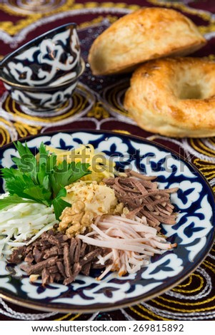 Uzbek dish of boiled horse meat, turkey, beef tongue