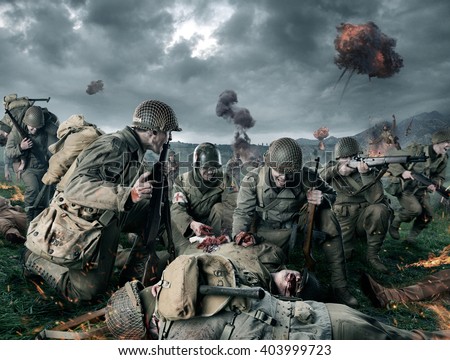 American soldiers on Field of Second World War Battle. Explosion on a background