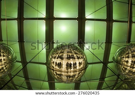 Light display, colored laser, mirror walls, and mirror ball