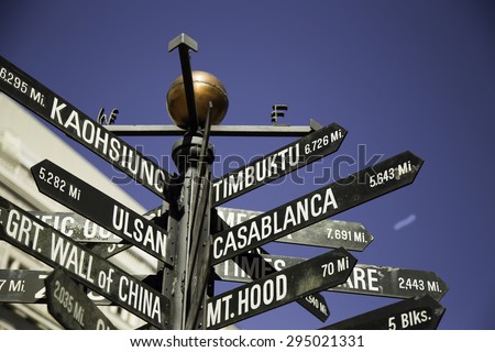 Signpost of directions to world landmarks in Pioneer Courthouse Square, Downtown Portland, Oregon, USA