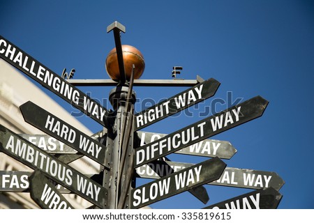 Conceptual sign post.  Directional sign with mixed messages, correct way, difficult, slow, challenging, hard, ambitious, wrong, fast way,etc