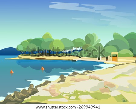 vector landscape. sunny bay with views of the beach, sea, pine trees and distant mountains