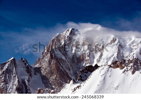 Monte Bianco or Mont Blanc (4807m), western Europe\'s Alps highest peak, right on the Italian border, seen from cable car at Helbronner peak. First climbed in 1786.