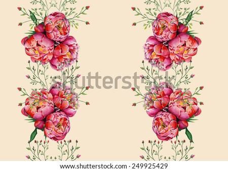 Watercolor pink peonies and roses on ivory background pattern