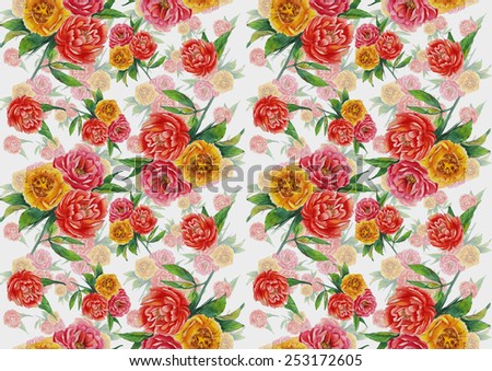 Watercolor red and yellow peonies pattern on white background