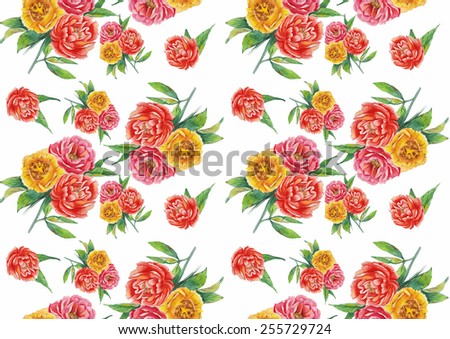Watercolor red and yellow peonies pattern on a white background
