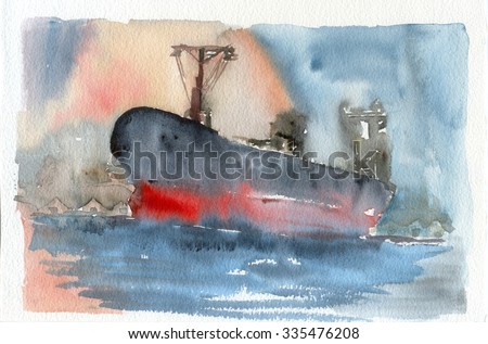 Giant ship in the river for transportation paint by watercolor