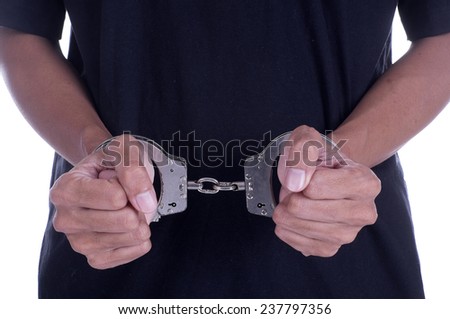 Man arrested with handcuff both of hand isolate white background