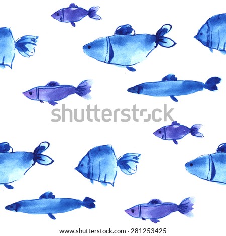 watercolor blue fish pattern