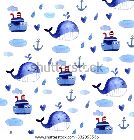 Funny whale watercolor pattern design