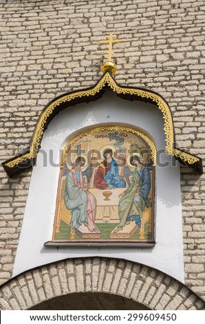 Pskov, Russia - July 5, 2015 Image above the arch of the Kremlin wall