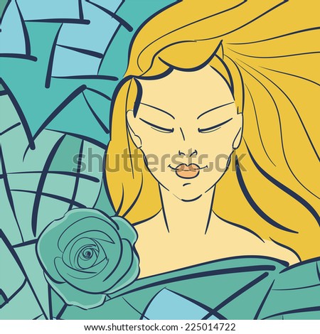 The girl\'s face on the background of the puzzle with rose