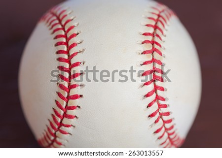 Major league baseball background with red stitches going in up and down direction.  White part of baseball is scuffed from being used.