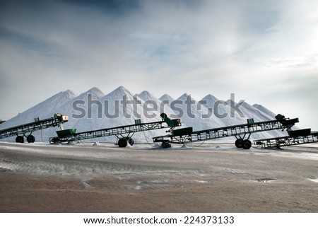 The white salt mountains and salt machinery on the island of Mallorca