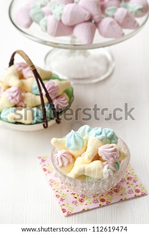 Close-up of delicious ice cream and strawberry shape marshmallow candy in a bowl
