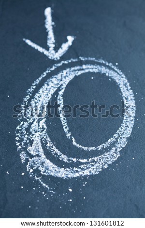 Closeup of chalk drawing of spiraling circles and arrow pointing to it