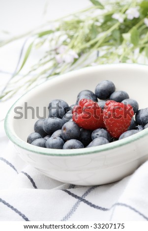 A close-up of fresh blueberries and raspberries in a bowl sitting on a white kitchen cloth with a green plant decoration in the background.