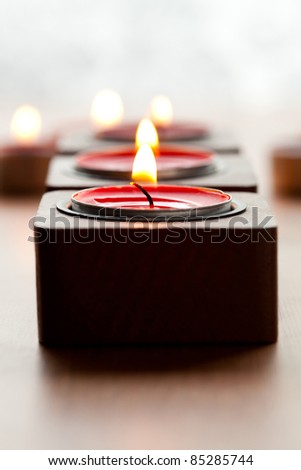 Close-up of red tea-light candles for Christmas