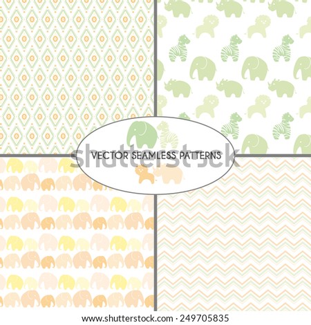 Seamless decorative patterns with animals and  abstract lines. Pattern set for baby shower, kid\'s birthday party invitations.