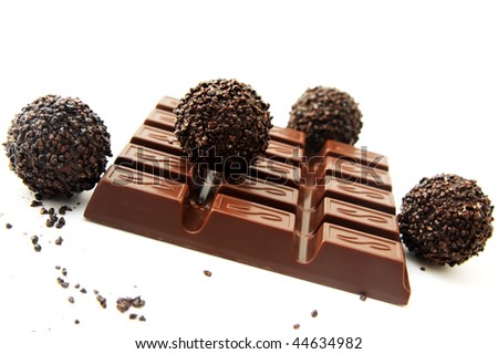 Chocolate and a truffle on a white background
