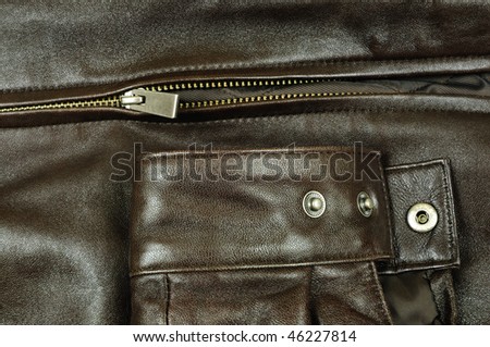 Closeup of a fashionable leather jacket showing the zipper and sleeve design