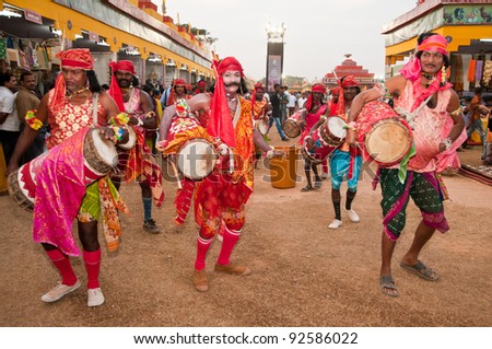 BHUBANESWAR, INDIA - DECEMBER 20: Cultural folk dancers perform at the Toshali Crafts fair on December 20, 2011 in Bhubaneswar, Orissa, India. Toshali is the largest art and crafts fair in India.