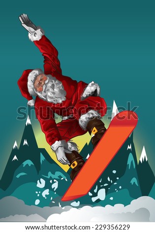 vector illustration of snowboarding santa claus in front of winter mountain background