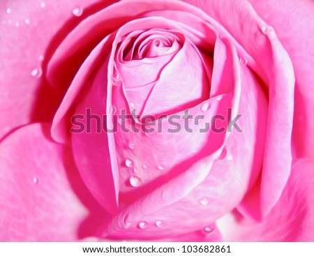 closeup photo of the pink rose bud with shiny  drops of water, oil paint effect
