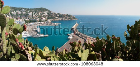 Panoramic view of the Nice city port. Sunny day, blue sea and sky. Cote d\'Azur, Nice, France, Europe.