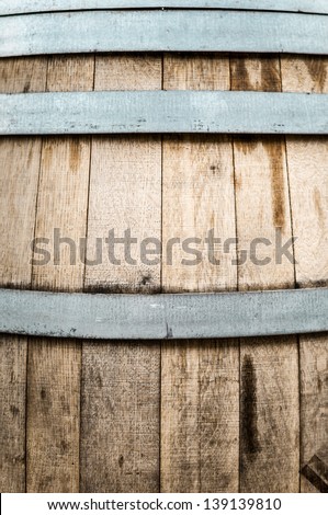 Detail of wooden barrel with iron hoops. Two different textures of wood and metal. Storage container used mostly for wine and beer. Abstract textured backgrounds and wallpapers.
