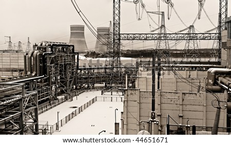 black and white photo of the nuclear power plant infrastructure