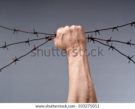Rusty barbed wire in a strong man\'s hand