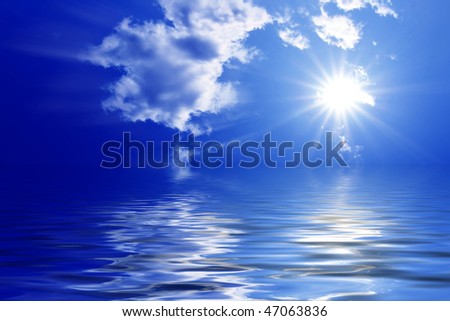 The dark blue sky leaving in horizon above of dark blue water surface
