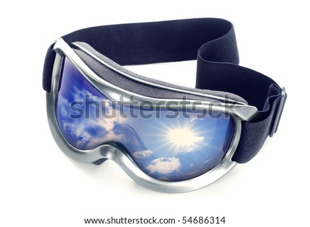 Sun-goggles on a white background. In glass sky reflexion