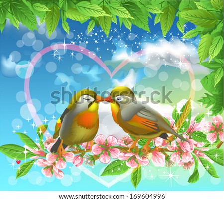 loving birds kissing on a branch