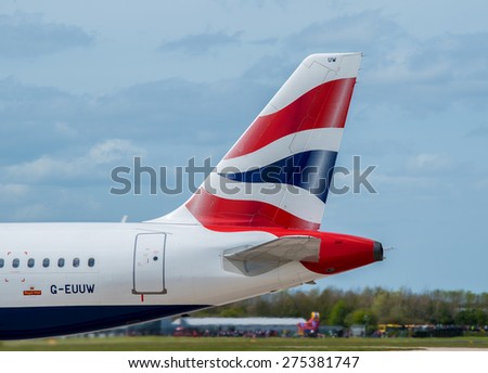MANCHESTER, UNITED KINGDOM - MAY 04, 2015: British Airways Airbus A320 tail livery at Manchester Airport May 04 2015.