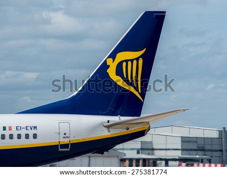 MANCHESTER, UNITED KINGDOM - MAY 04, 2015: Ryanair Airlines Boeing 737 tail livery at Manchester Airport May 04 2015.