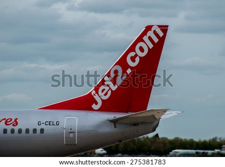 MANCHESTER, UNITED KINGDOM - MAY 04, 2015: Jet2 Airlines Boeing 737 tail livery at Manchester Airport May 04 2015.
