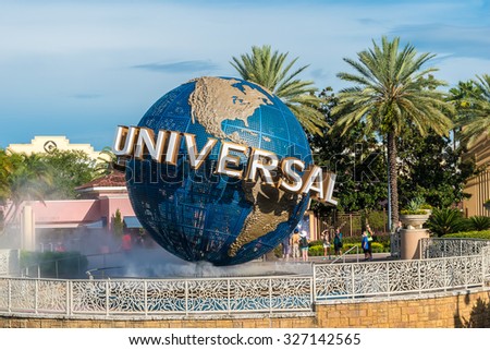ORLANDO, USA - AUGUST 27, 2015: Universal Studios globe located at the entrance to the theme park. Universal Studios Orlando is a theme park resort in Orlando, Florida, USA