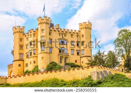 The yellow castle of Hohenschwangau in a sunny day, Schwangau, Germany