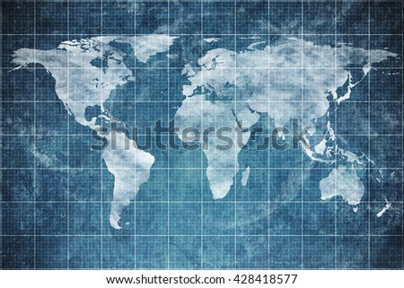 world map on old blueprint background texture. Technical backdrop paper. Concept Technical / Industrial / Business / Engineering